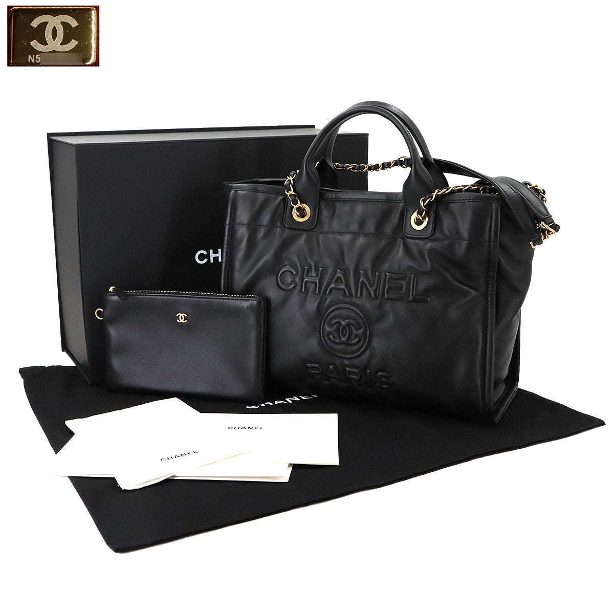 Deauville Tote Chain Shoulder Bag Leather Black AS3351