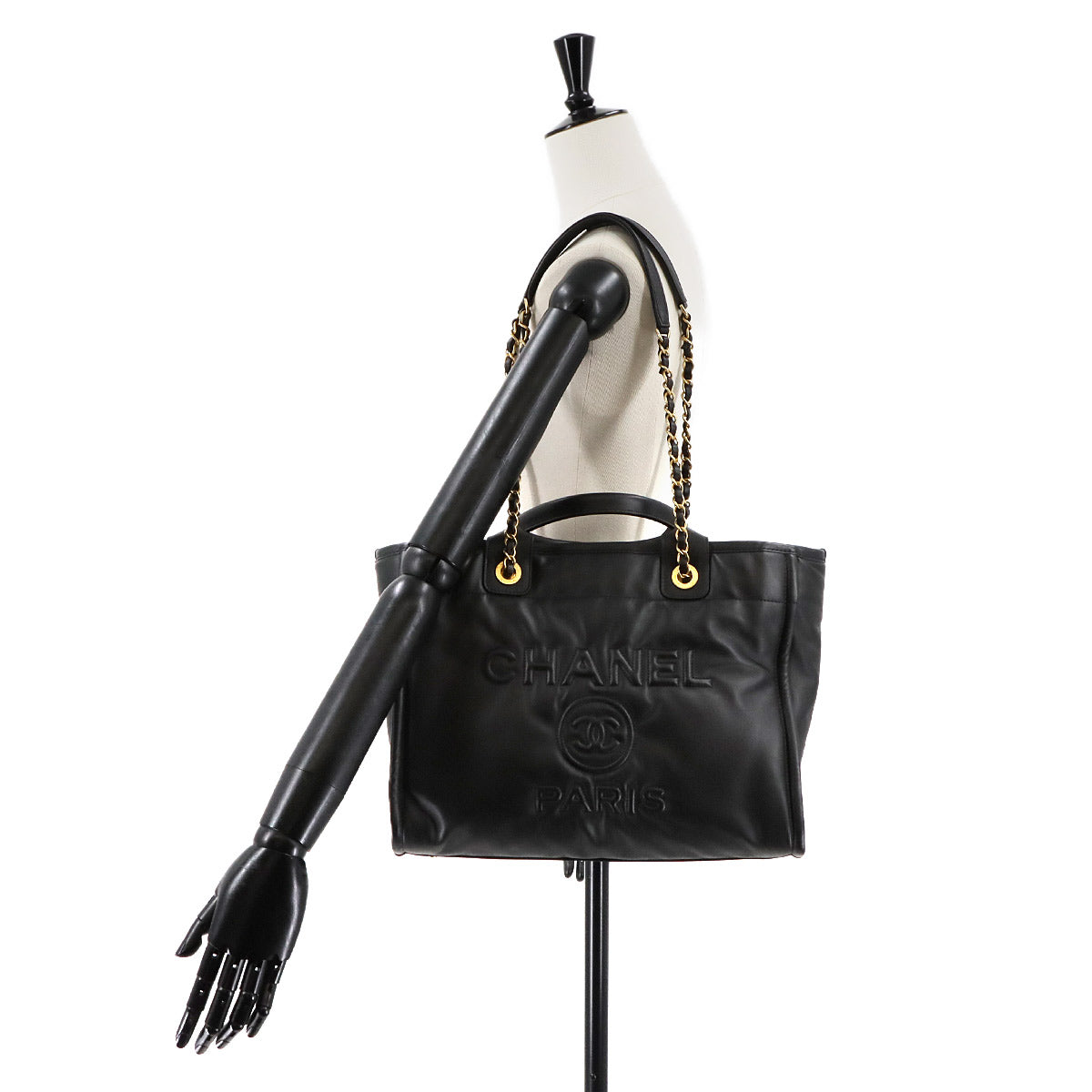 Deauville Tote Chain Shoulder Bag Leather Black AS3351