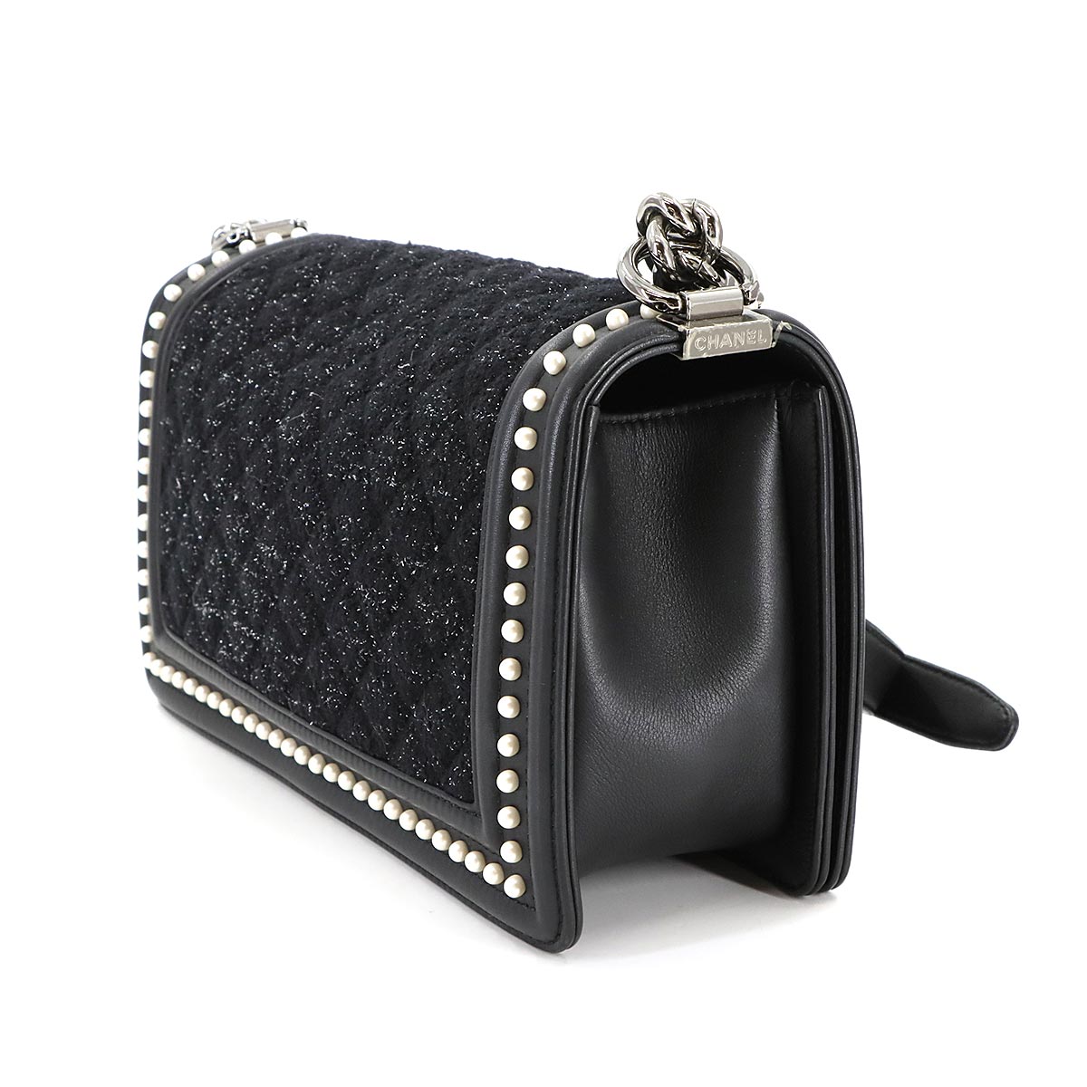 Boy Chanel Chain Shoulder Bag Tweed Leather Black A67086