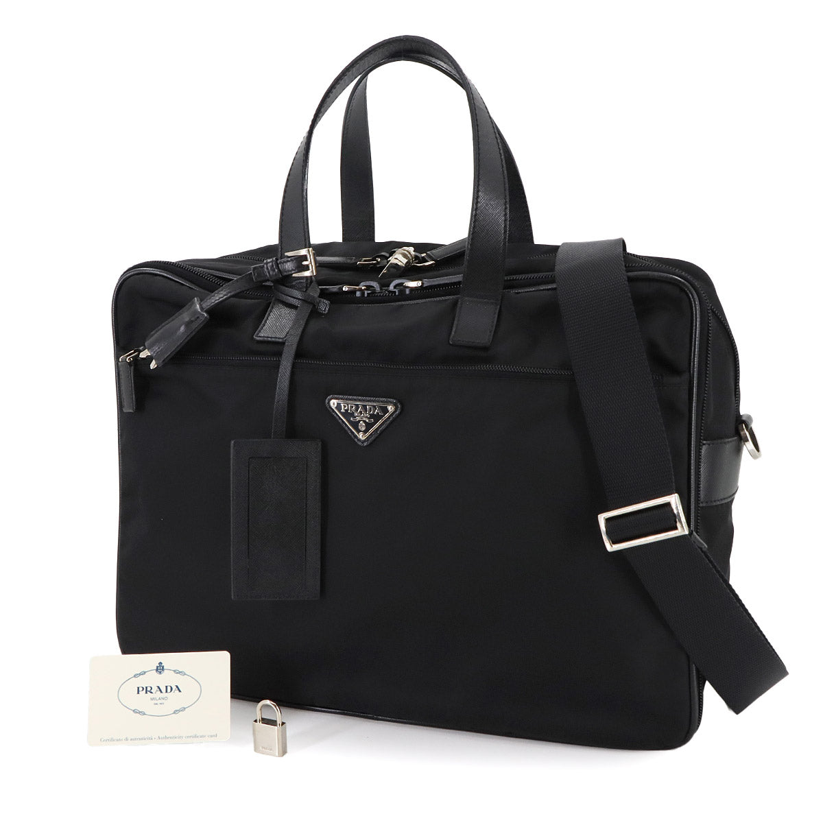 Briefcase Shoulder Bag Nylon Saffiano Leather Black V407S