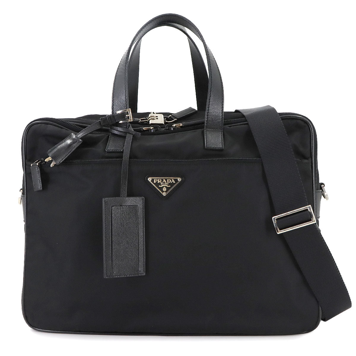 Briefcase Shoulder Bag Nylon Saffiano Leather Black V407S