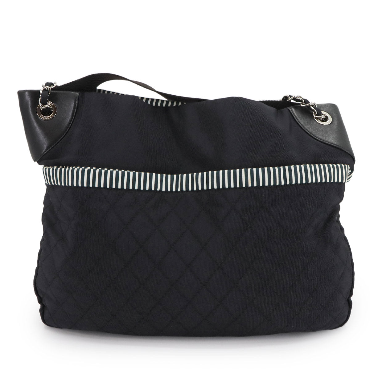 Stripe Chain Tote Shoulder Bag Canvas Leather Black White Purse