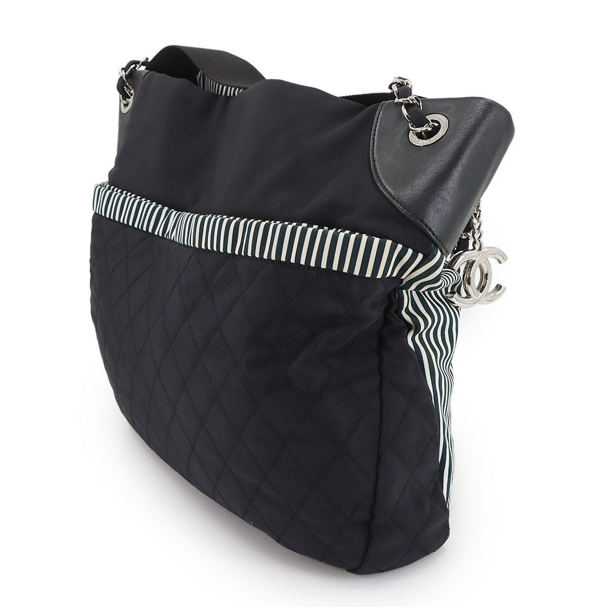 Stripe Chain Tote Shoulder Bag Canvas Leather Black White Purse