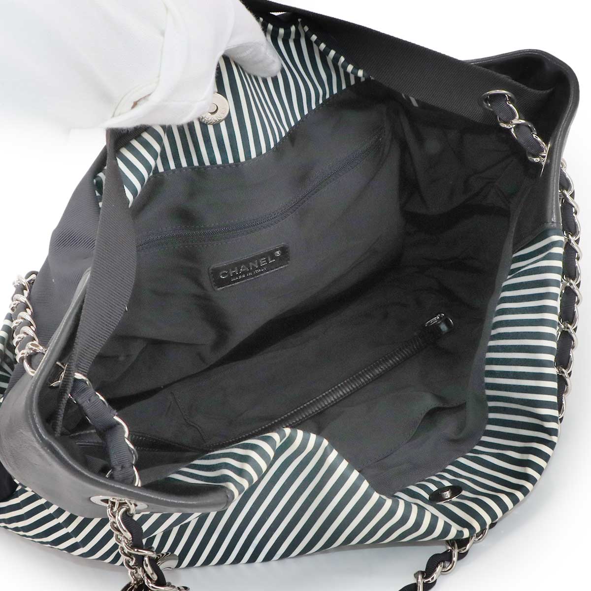 Stripe Chain Tote Shoulder Bag Canvas Leather Black White Purse