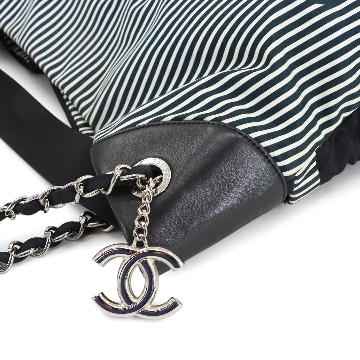 Stripe Chain Tote Shoulder Bag Canvas Leather Black White Purse