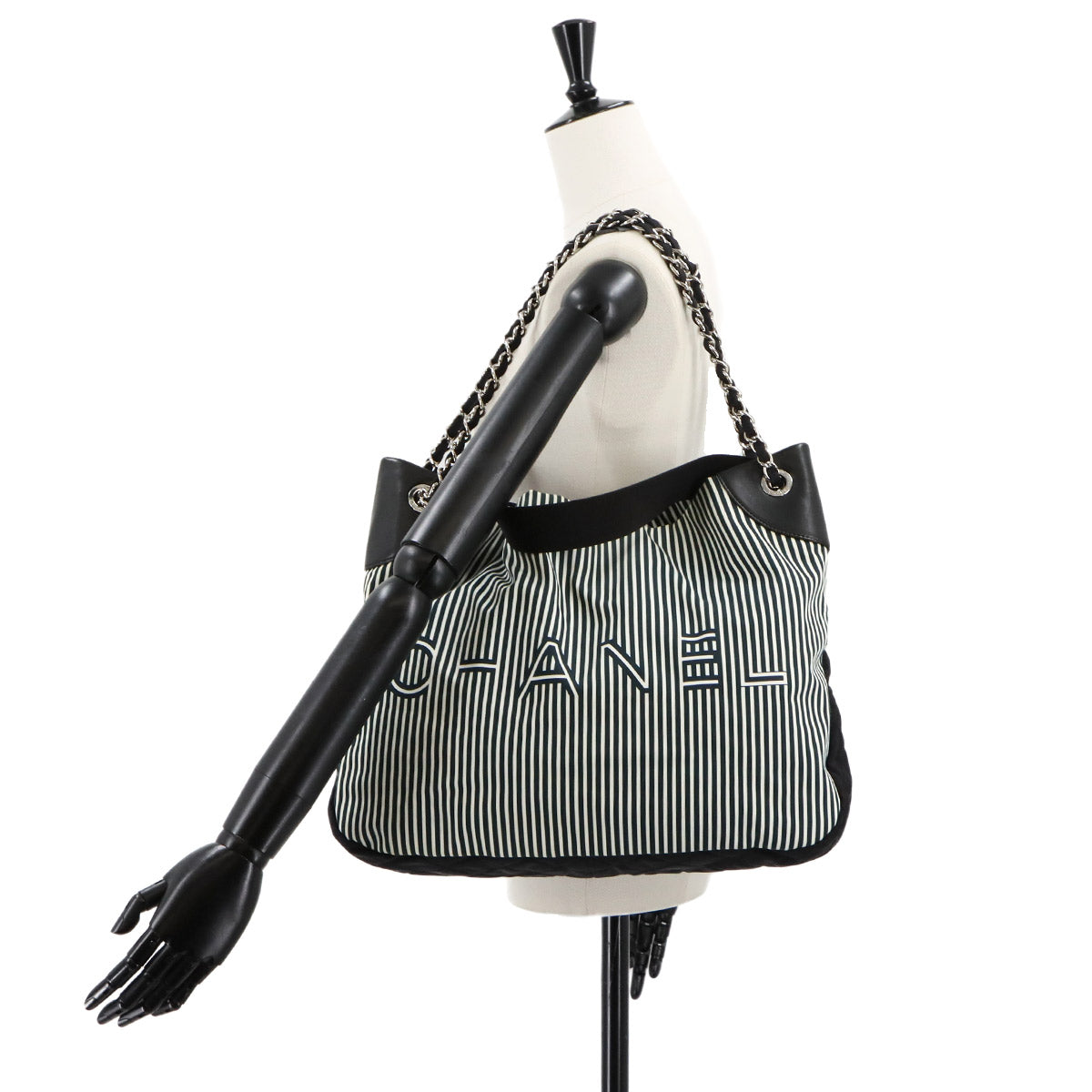 Stripe Chain Tote Shoulder Bag Canvas Leather Black White Purse