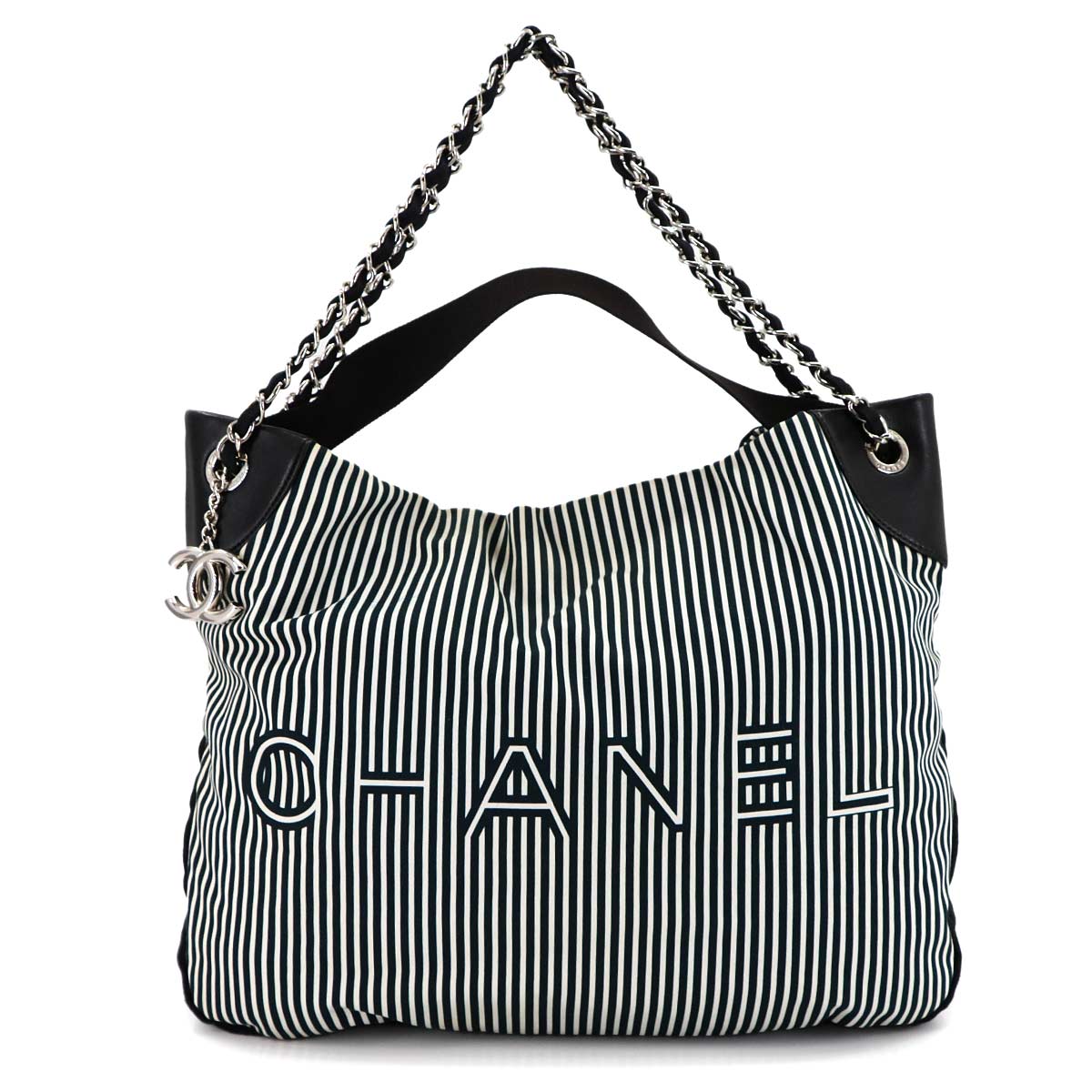 Stripe Chain Tote Shoulder Bag Canvas Leather Black White Purse