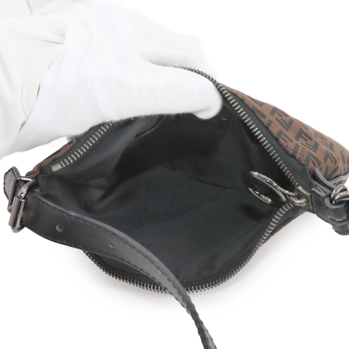 FENDI Zucchino Shoulder Bag Canvas Leather Brown Black 8BR248 Purse