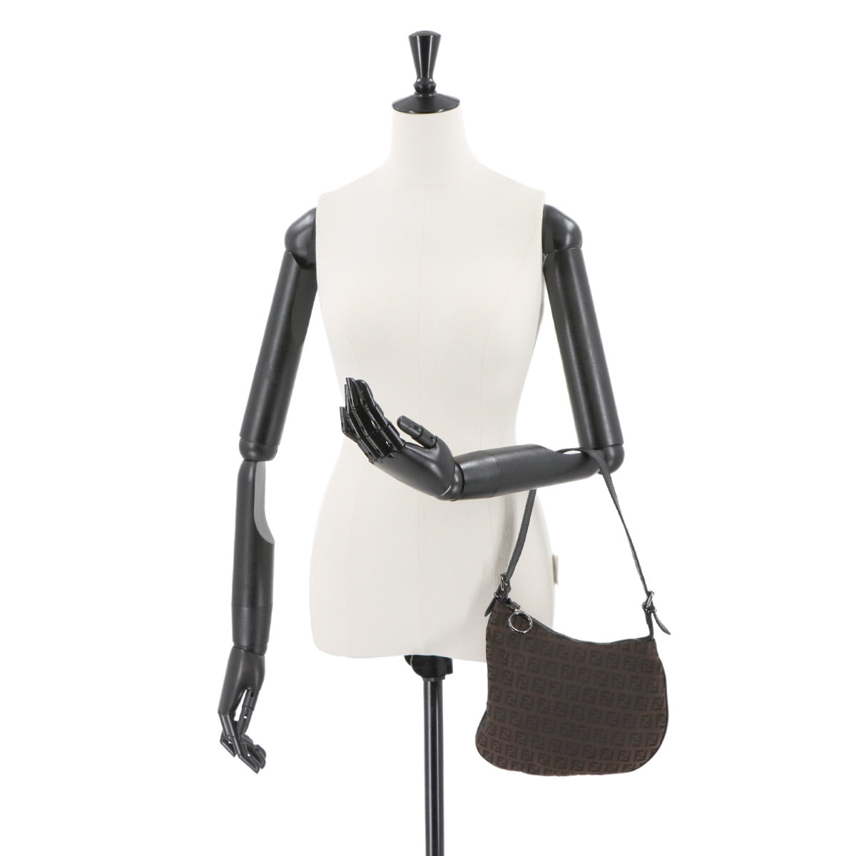 FENDI Zucchino Shoulder Bag Canvas Leather Brown Black 8BR248 Purse