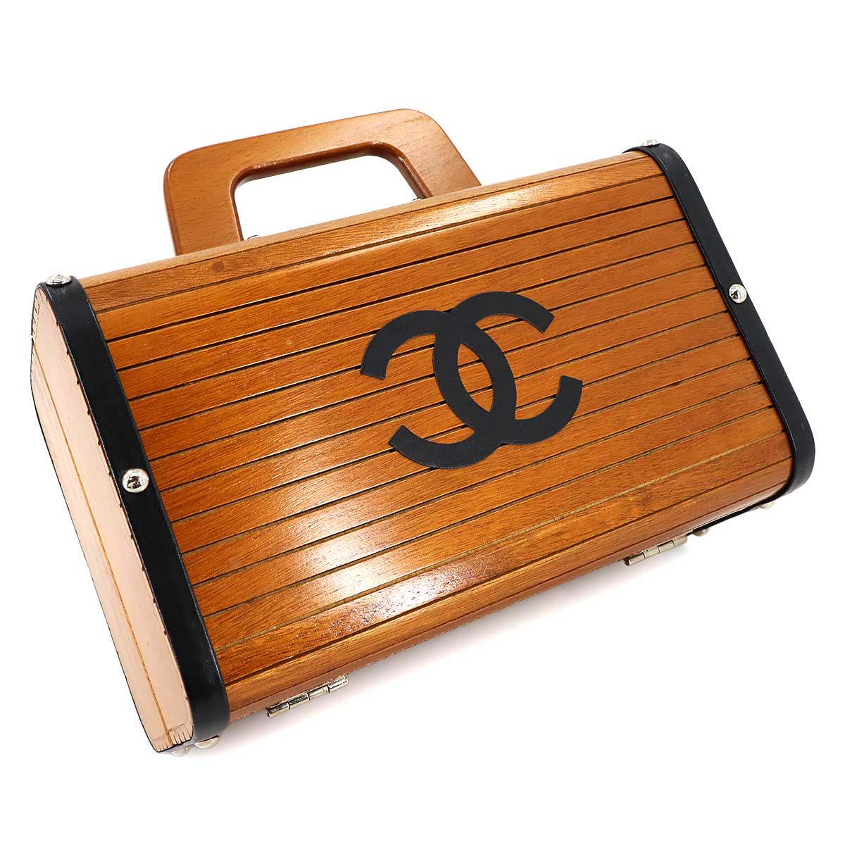 Wood Vanity Hand Bag Leather Brown Black CC Purse