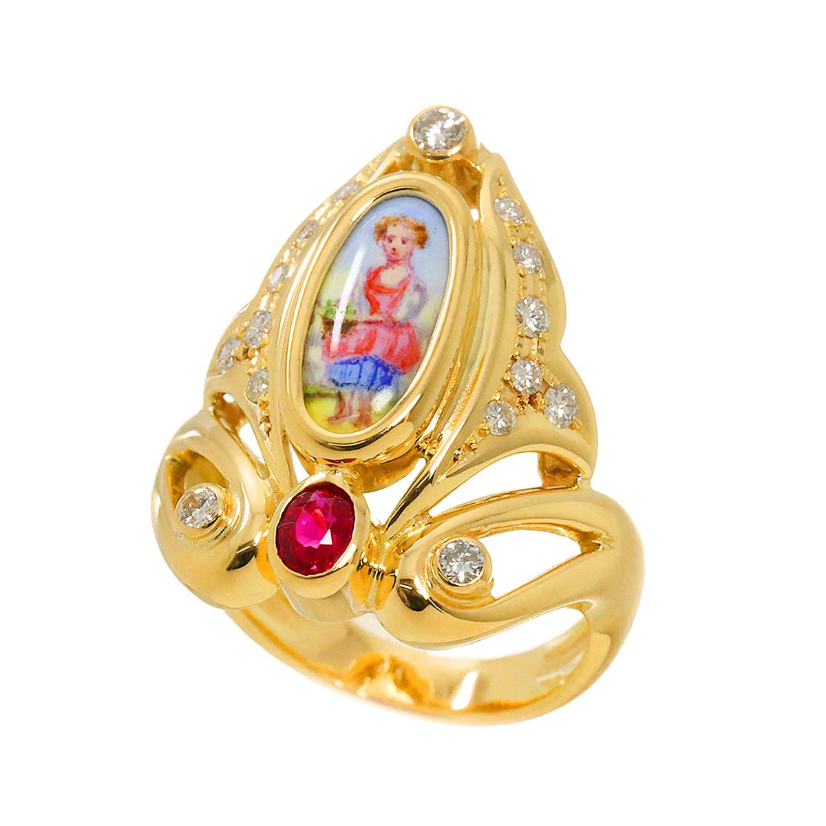 Enamel Diamond 0.30ct Ruby 0.25ct Ring 18K YG 750 size6(US)