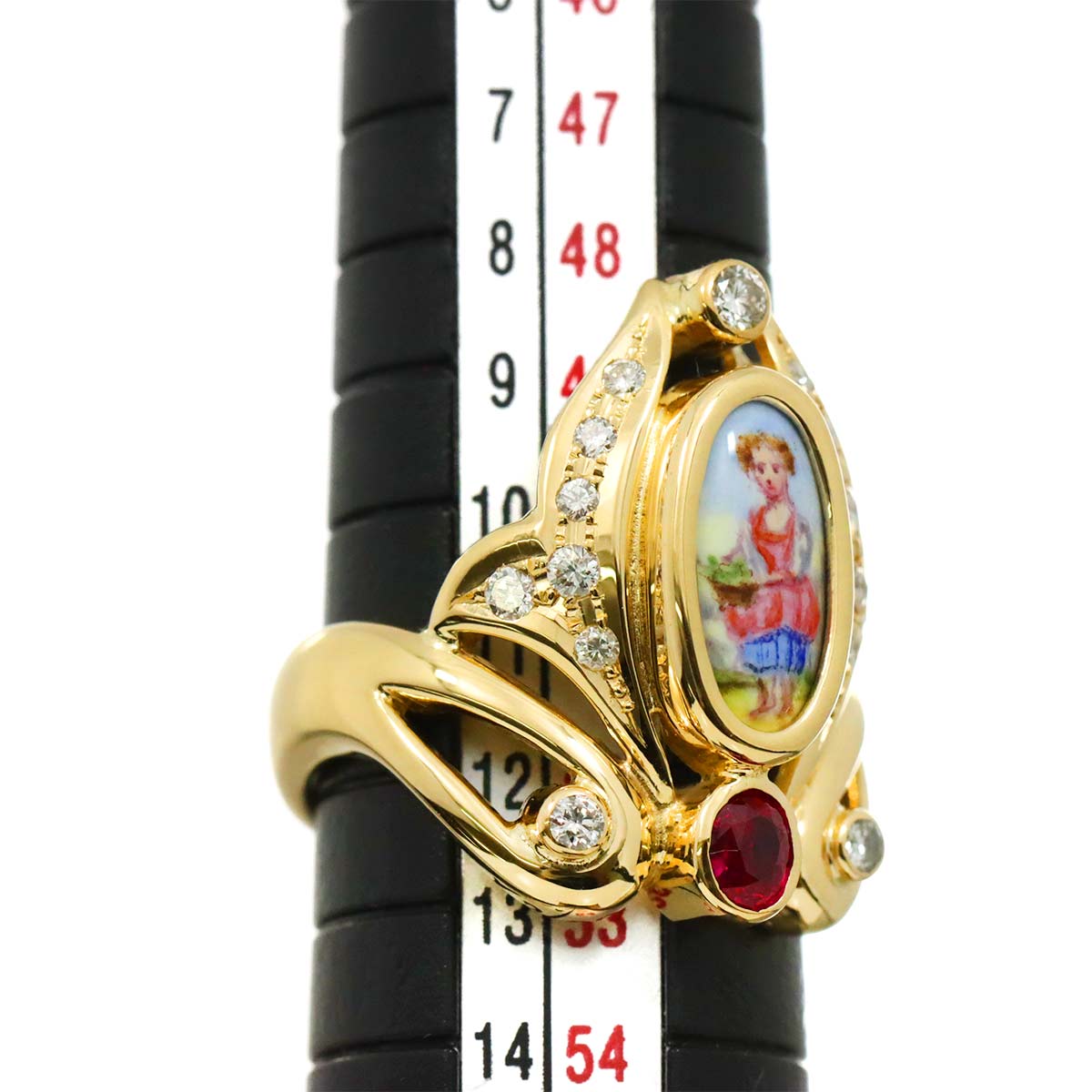 Enamel Diamond 0.30ct Ruby 0.25ct Ring 18K YG 750 size6(US)