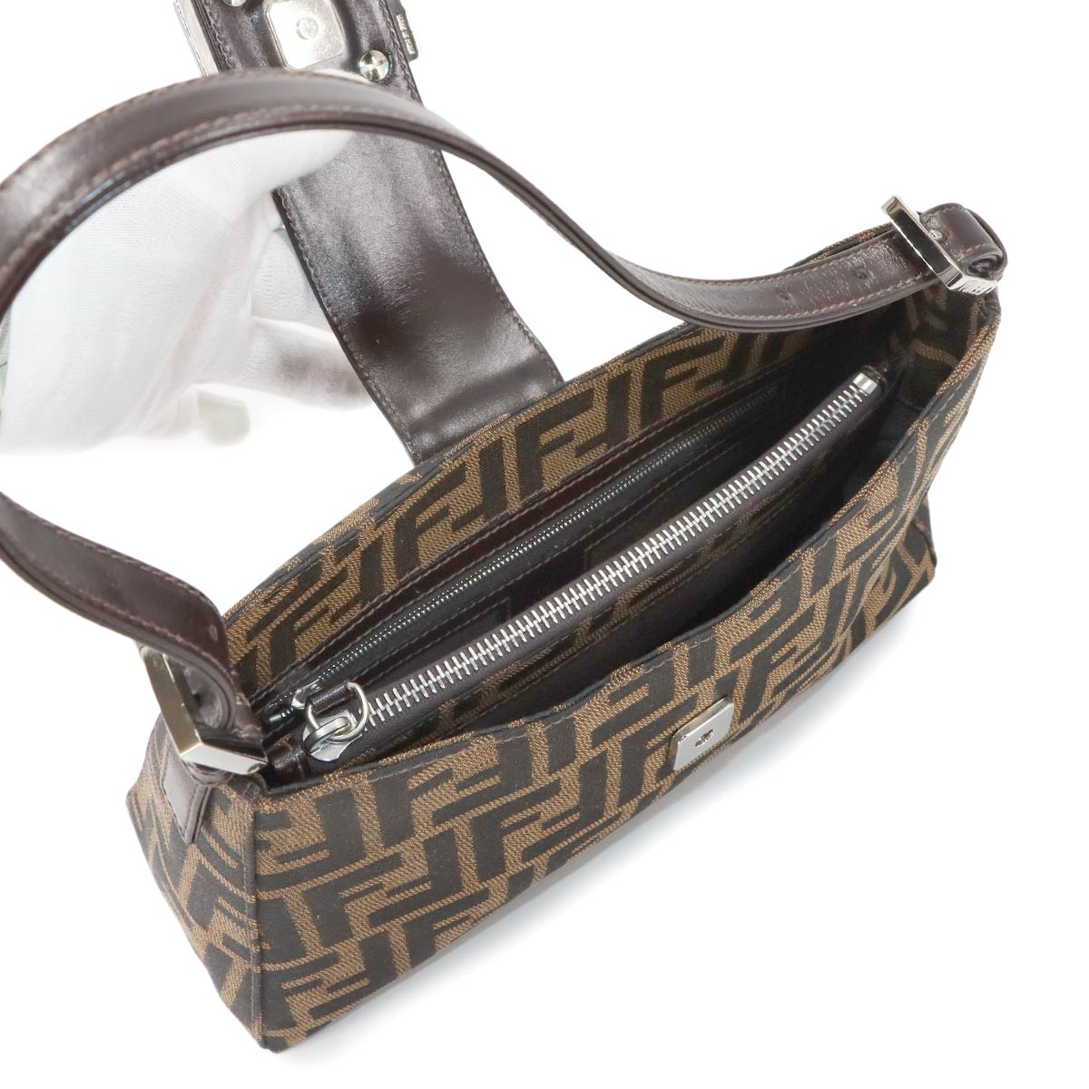 FENDI Zucca Shoulder Bag Canvas Leather Brown 16115 Purse