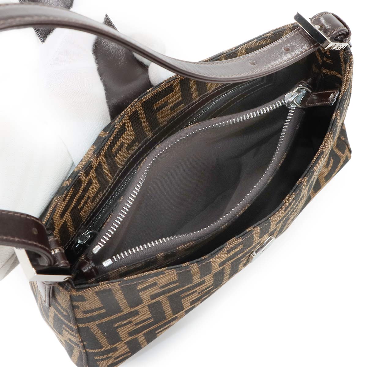 FENDI Zucca Shoulder Bag Canvas Leather Brown 16115 Purse