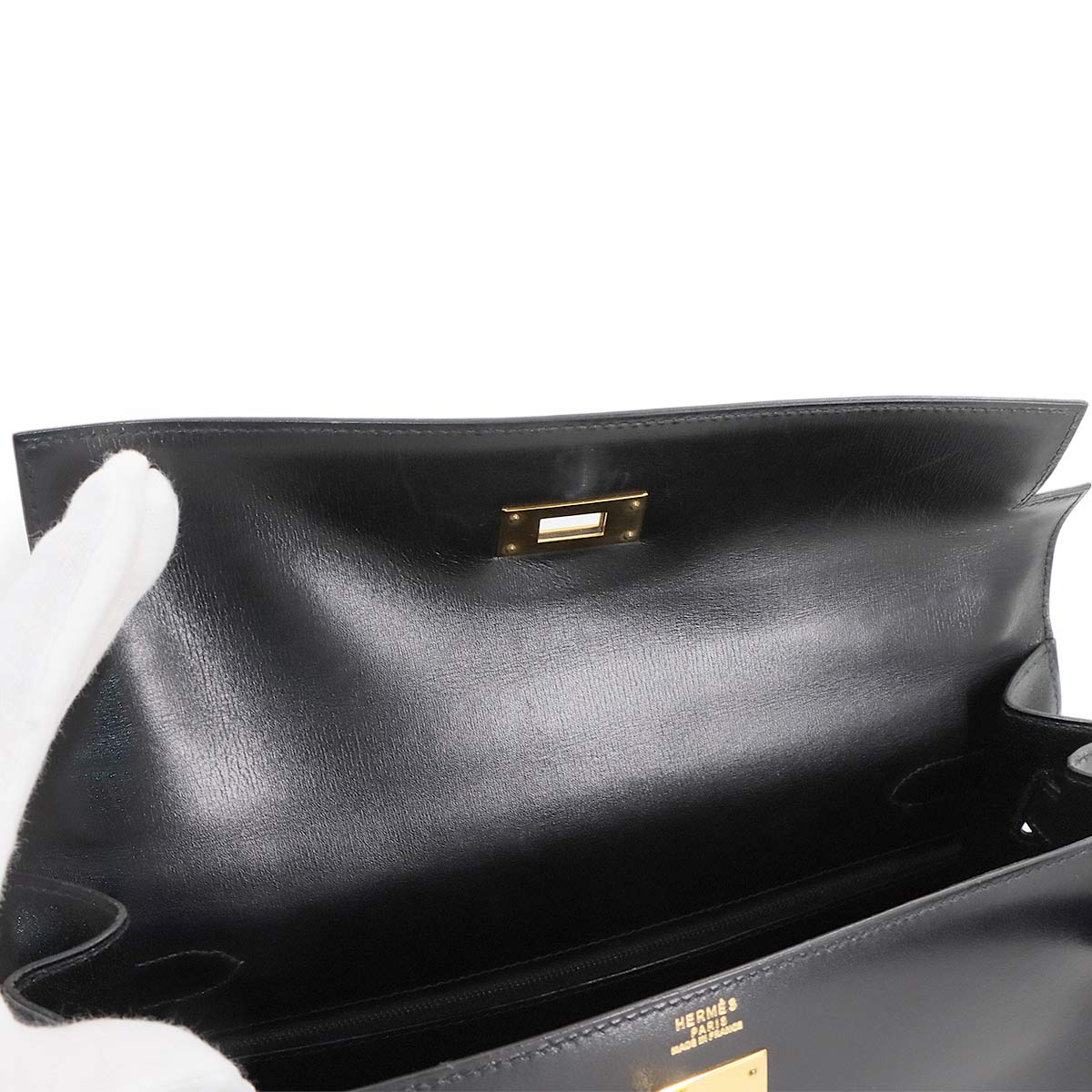 Kelly 32 Box calf Black 2way Hand Shoulder Bag Purse