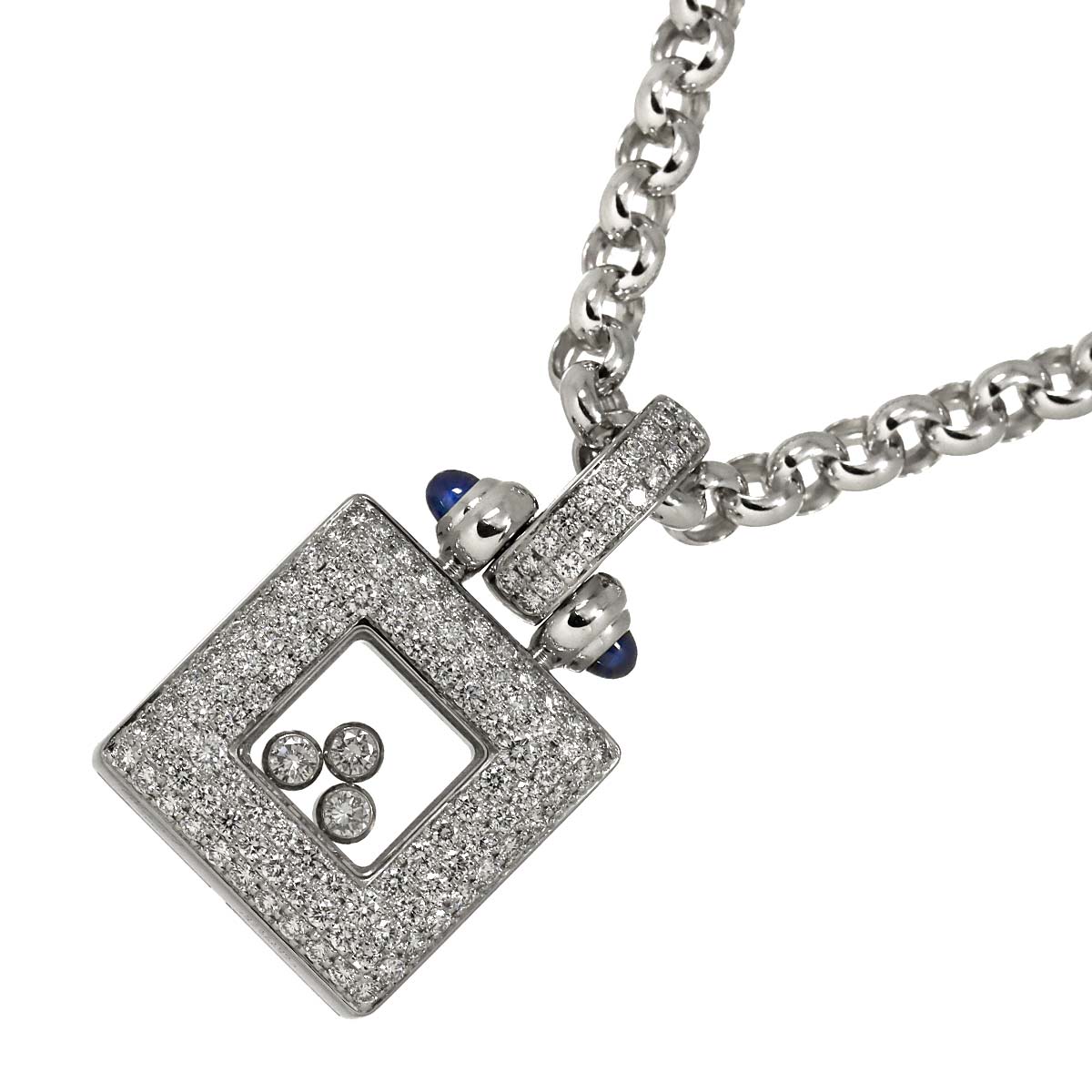 Happy Diamond Sapphire Square Necklace 18K White Gold 750