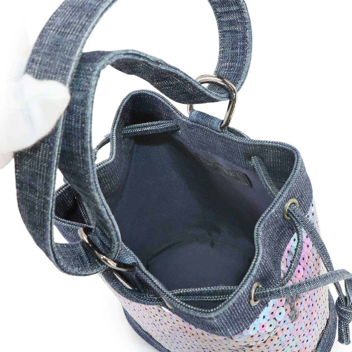 Mini Bucket Hand Bag Denim Sequins Blue Purse