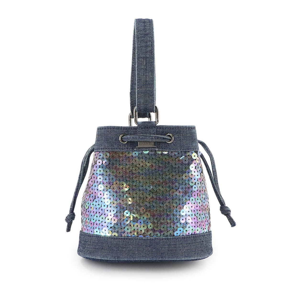 Mini Bucket Hand Bag Denim Sequins Blue Purse