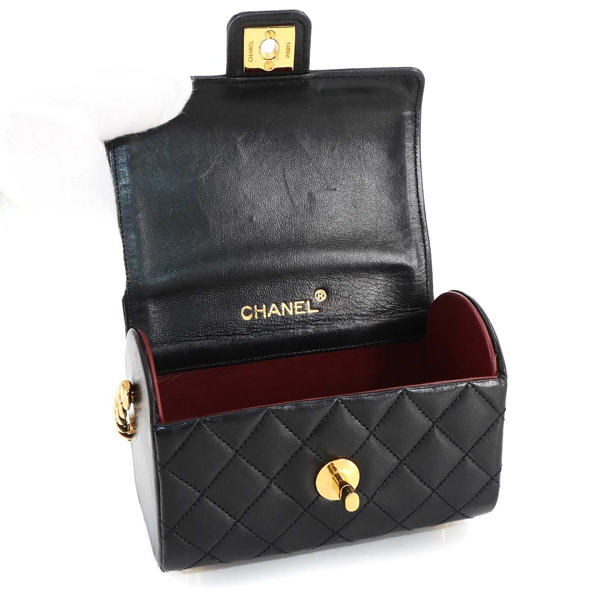 Matelasse Top Handle Flap Hand Bag Leather Black Vintage Purse