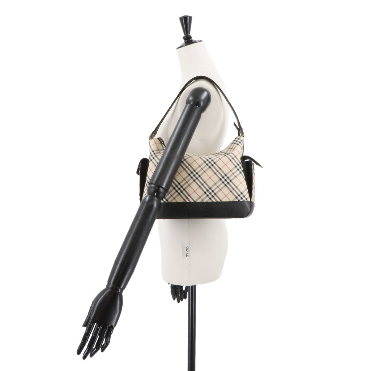 Plaid Shoulder Bag Canvas Leather Beige Black Purse