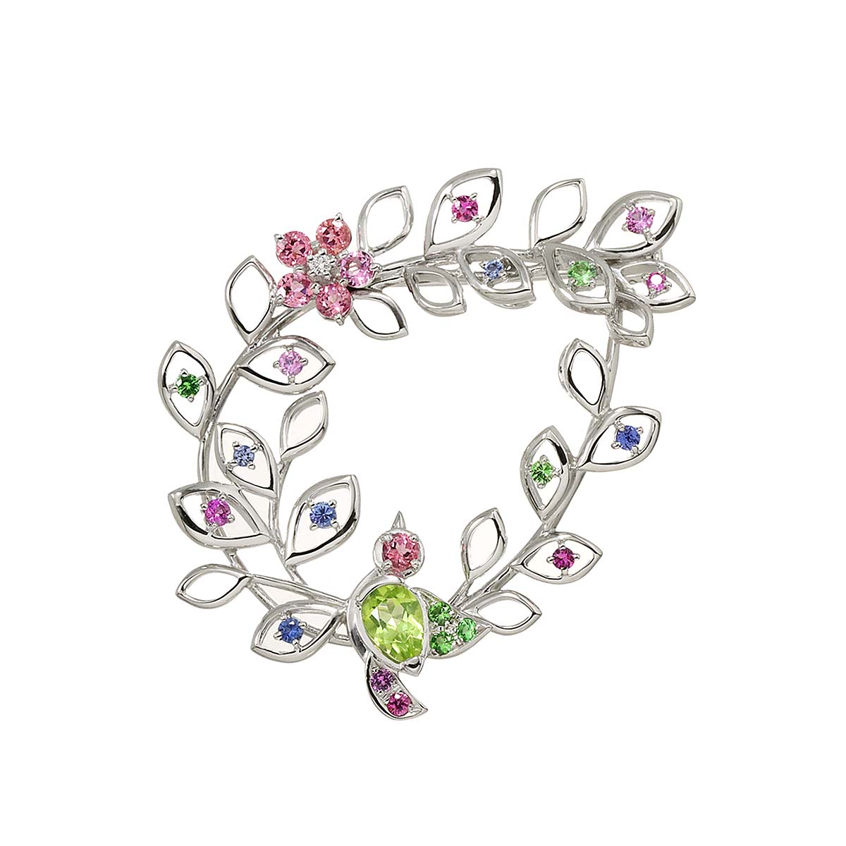 Peridot Diamond 0.08ct Sapphire Multi Stone Brooch 18K WG 750