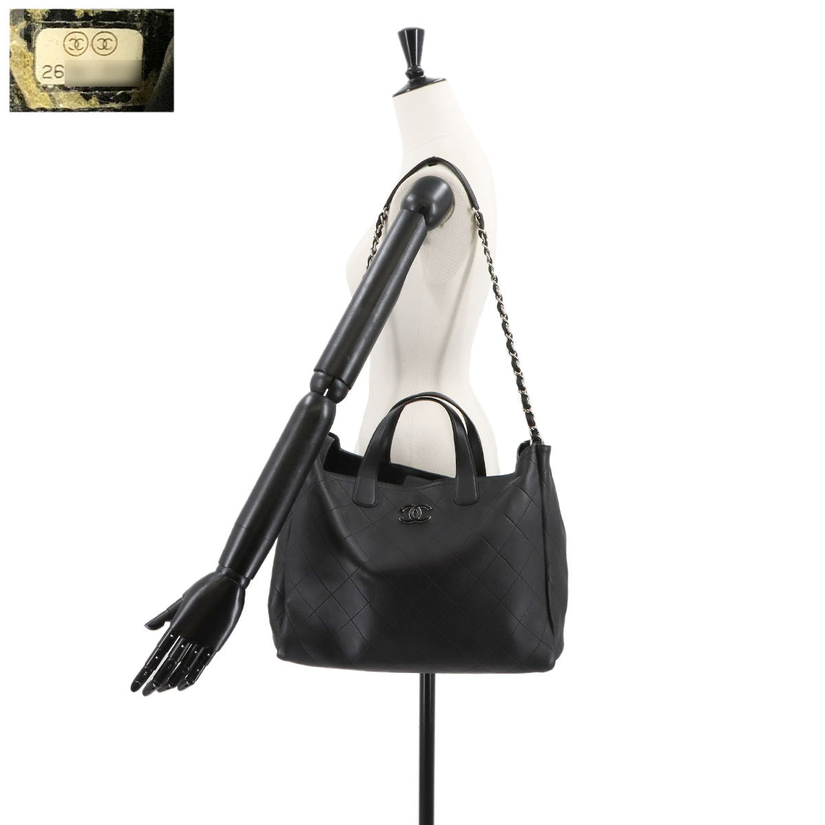 Matelasse 2way Tote Chain Shoulder Bag Leather Black AS0169