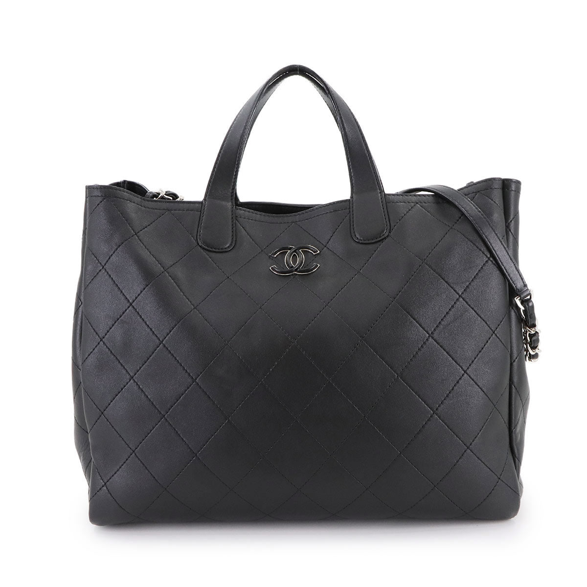 Matelasse 2way Tote Chain Shoulder Bag Leather Black AS0169