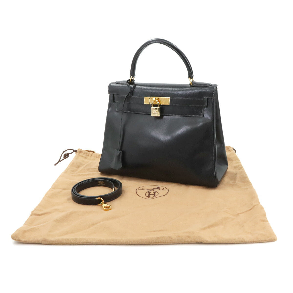 HKelly 28 Box Calf Leather Black 2way Hand Shoulder Bag Purse