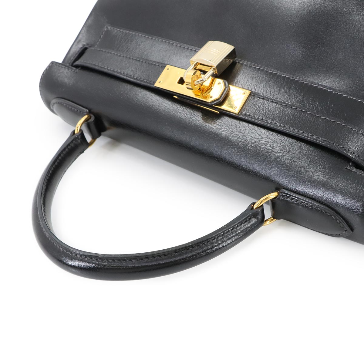 HKelly 28 Box Calf Leather Black 2way Hand Shoulder Bag Purse