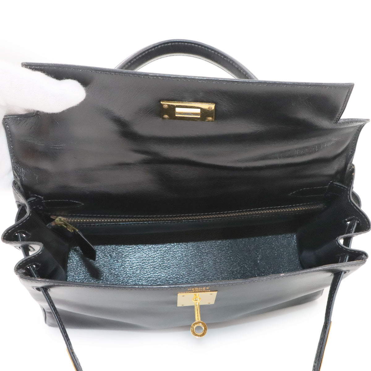 HKelly 28 Box Calf Leather Black 2way Hand Shoulder Bag Purse