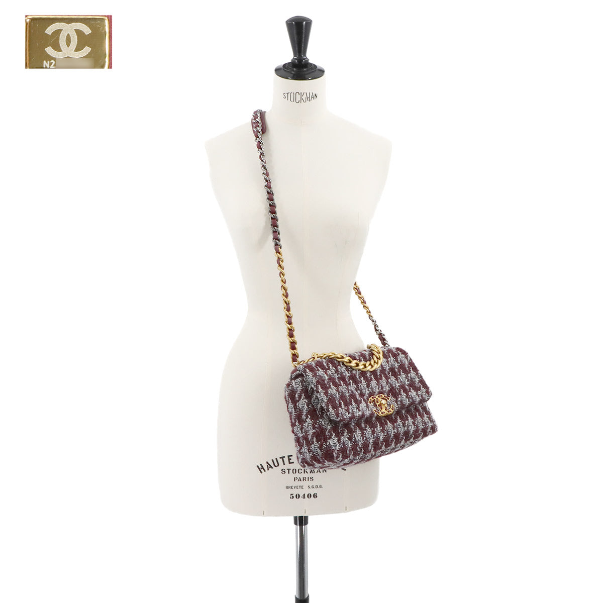 19 Chain Hand Shoulder Bag Tweed Leather Black AS1160