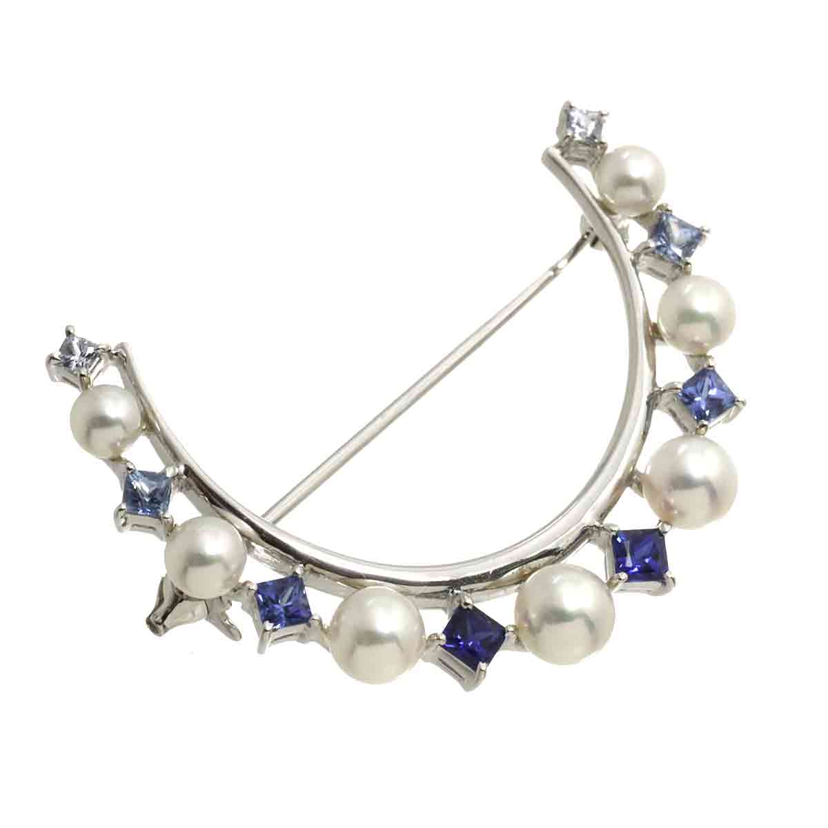 Akoya Pearl 5.5-3.8mm Sapphire Brooch 18K White Gold 750