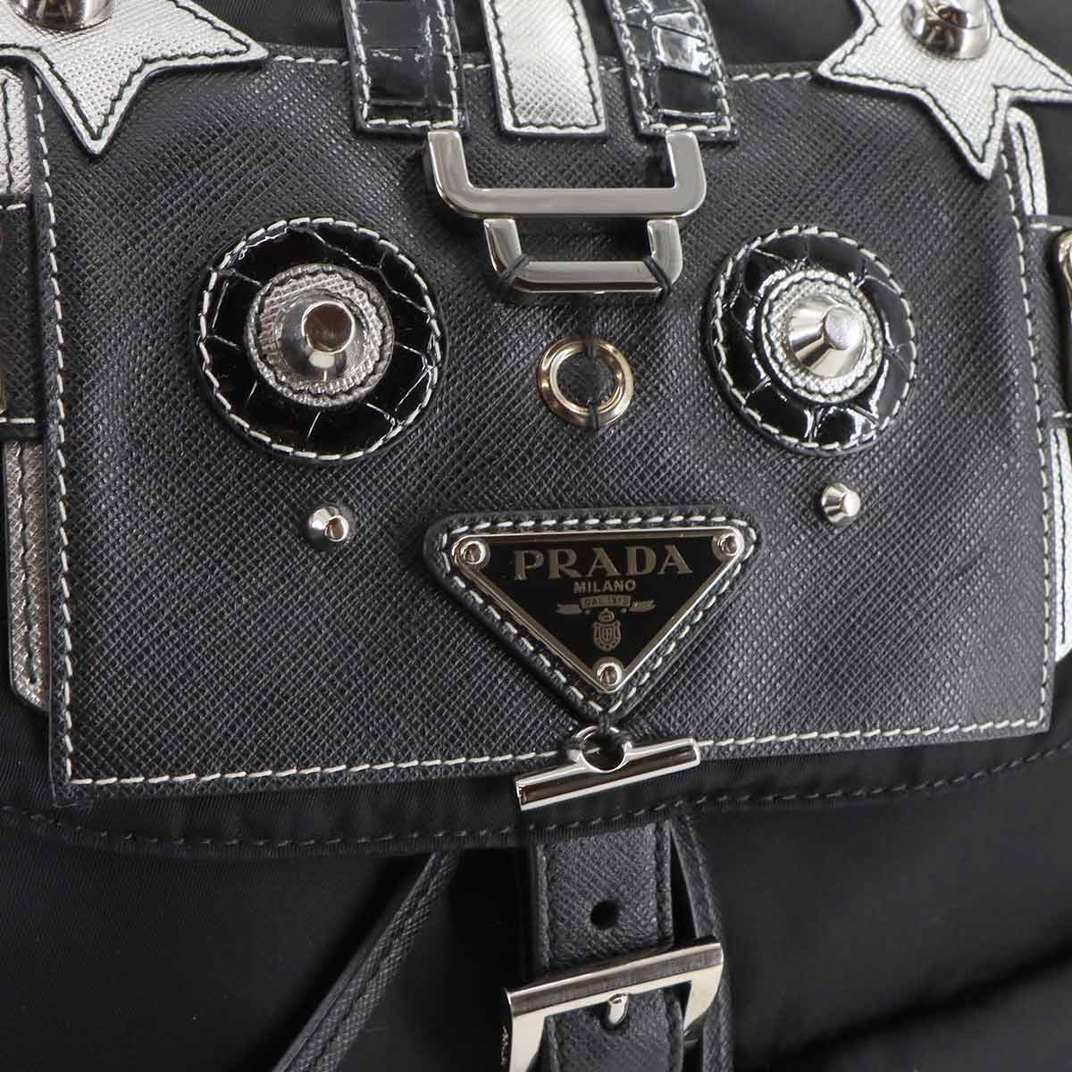 Robot Backpack Nylon Saffiano Leather Black 1BZ811 Purse
