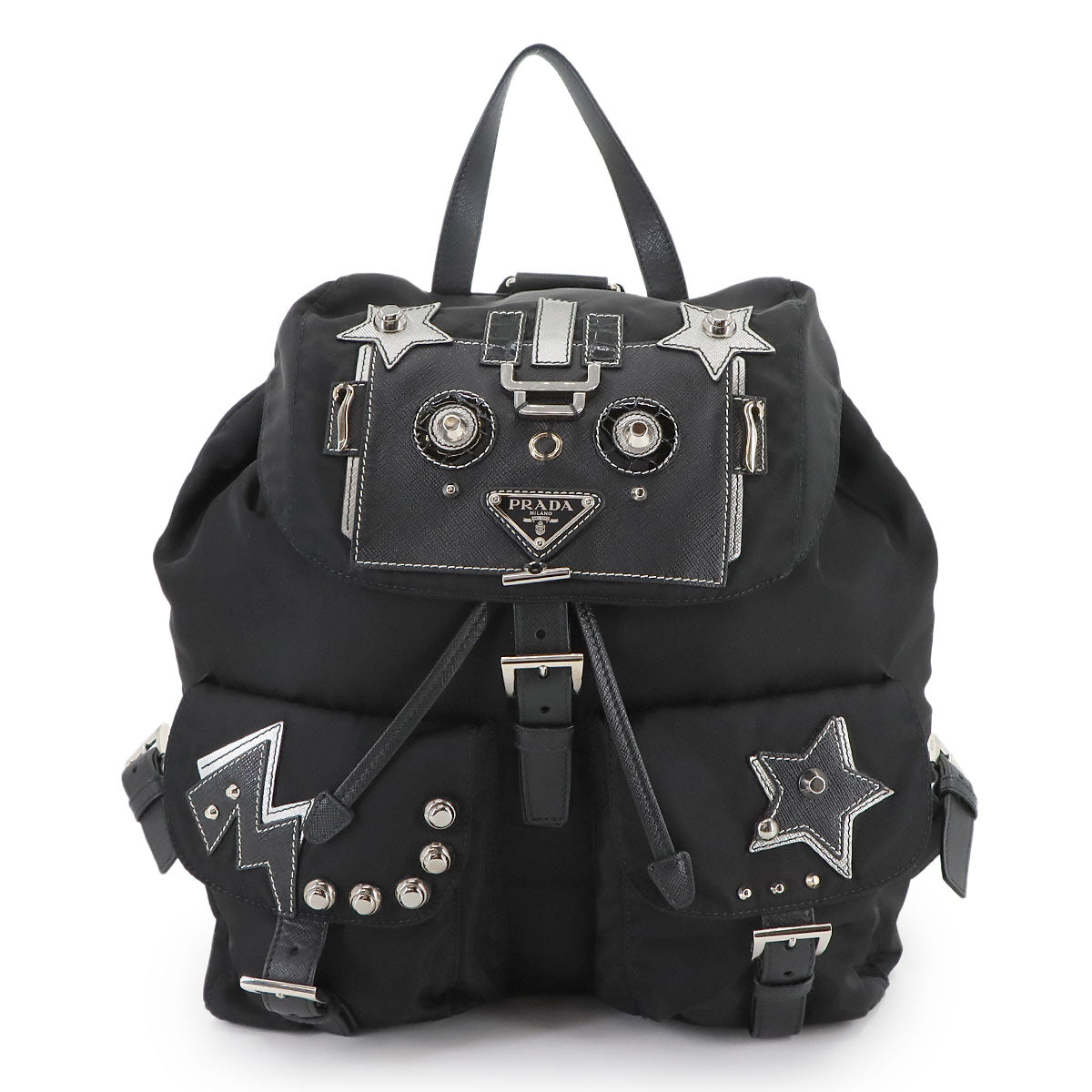 Robot Backpack Nylon Saffiano Leather Black 1BZ811 Purse