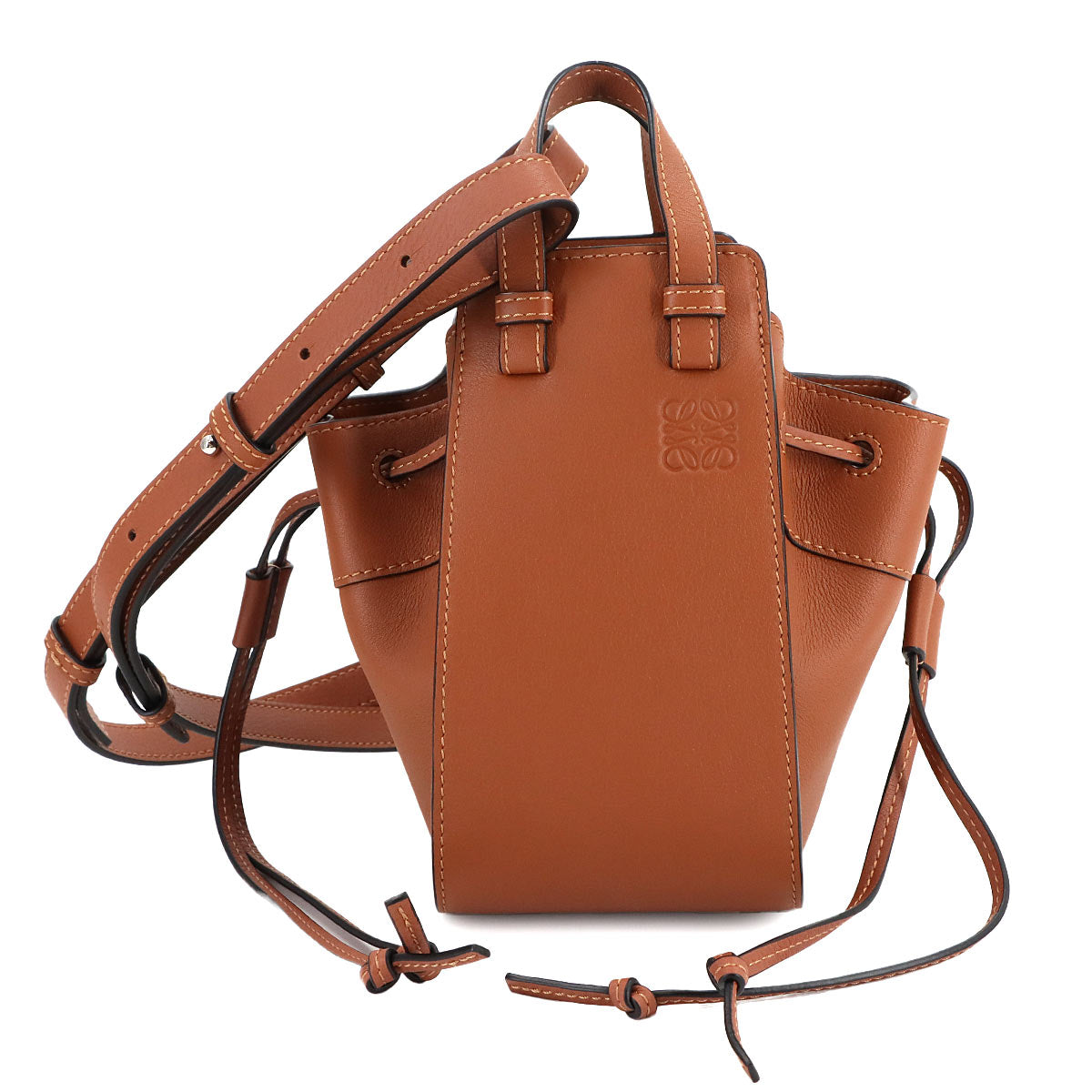 Drawstring Mini Hand Shoulder Bag Leather Brown