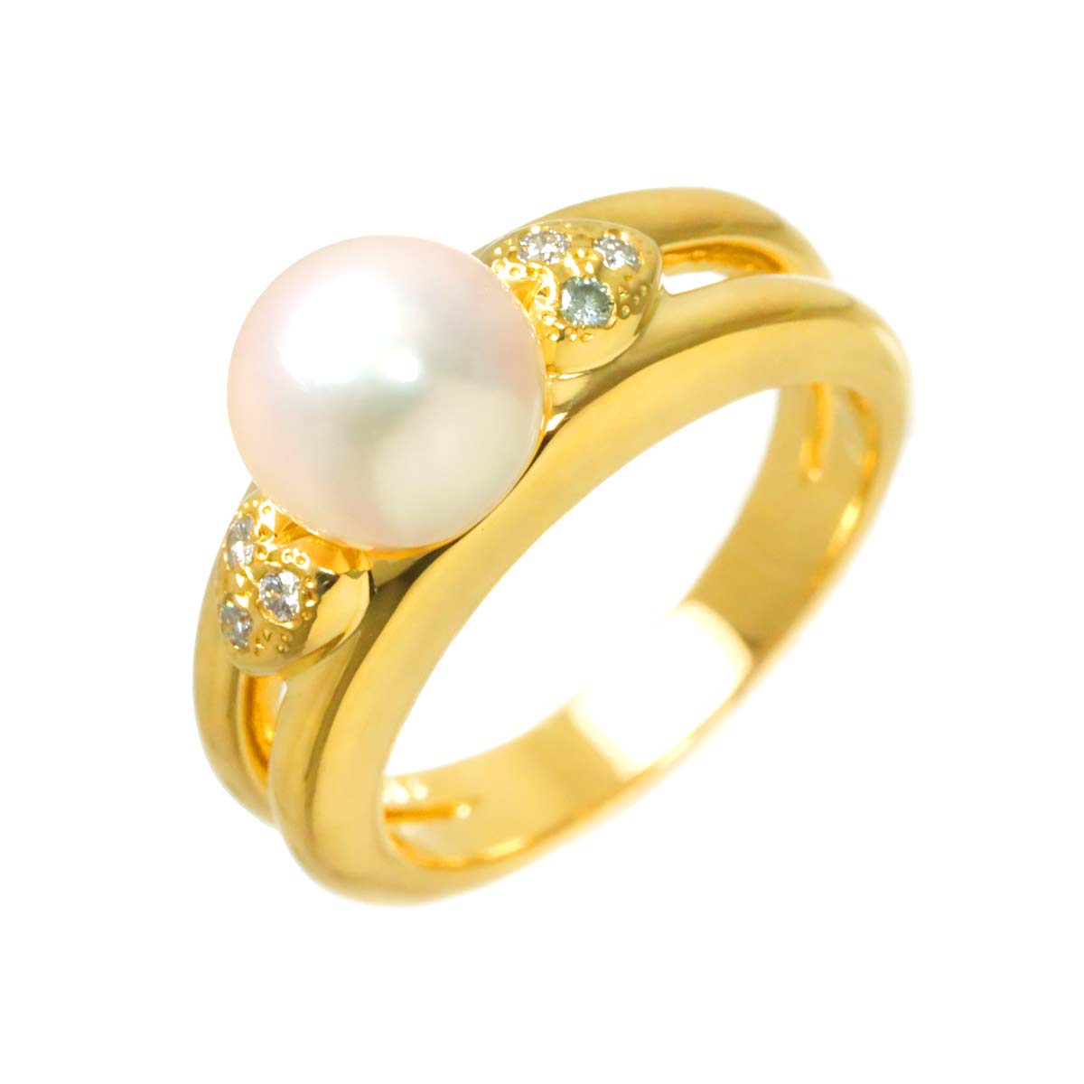 Akoya Pearl 7.4mm Diamond Ring 18K YG 750 size4.5(US)