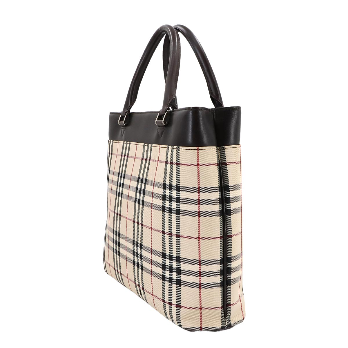 Plaid Hand Bag Canvas Leather Beige Brown Purse