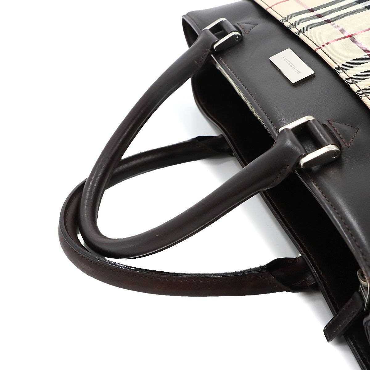 Plaid Hand Bag Canvas Leather Beige Brown Purse