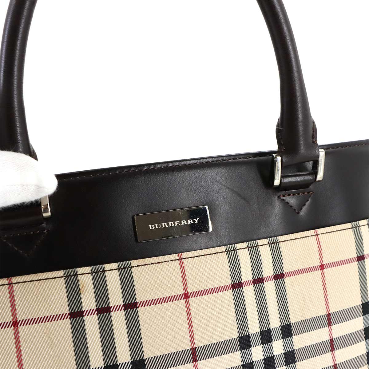 Plaid Hand Bag Canvas Leather Beige Brown Purse