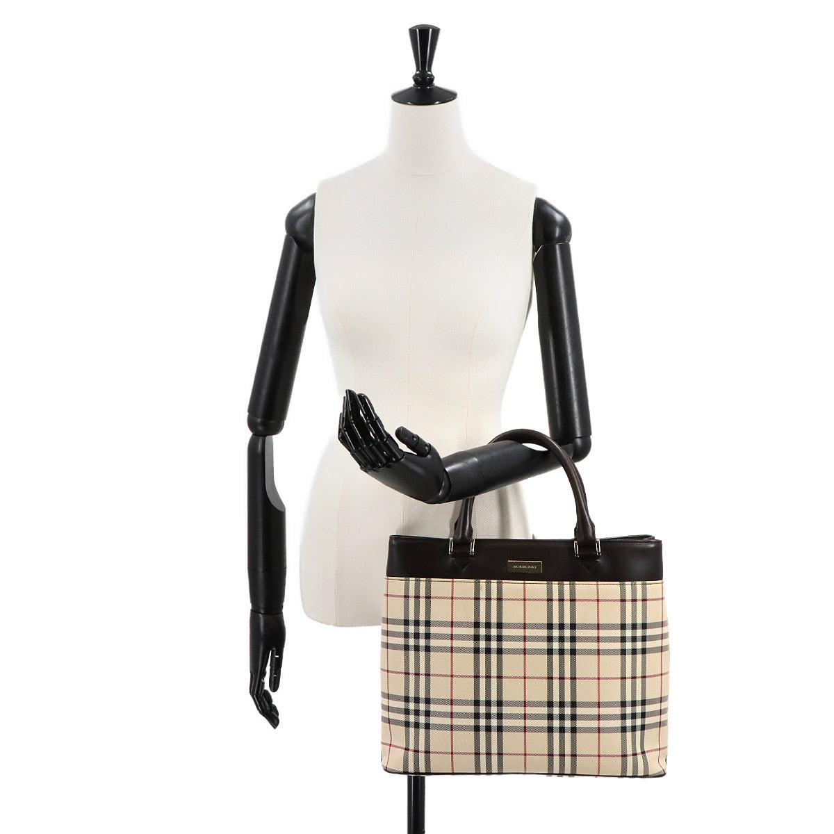 Plaid Hand Bag Canvas Leather Beige Brown Purse