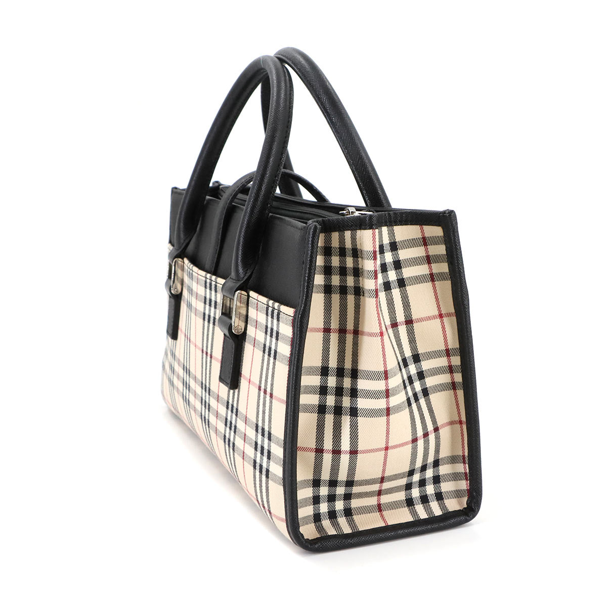 Plaid Hand Bag Canvas Leather Beige Black Purse