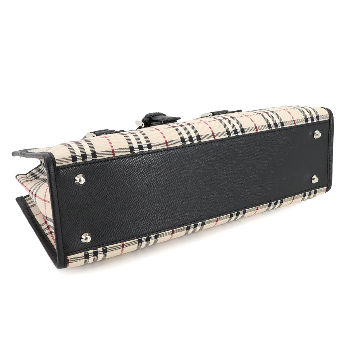 Plaid Hand Bag Canvas Leather Beige Black Purse