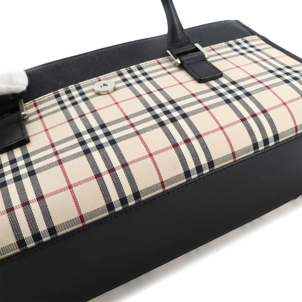 Plaid Hand Bag Canvas Leather Beige Black Purse