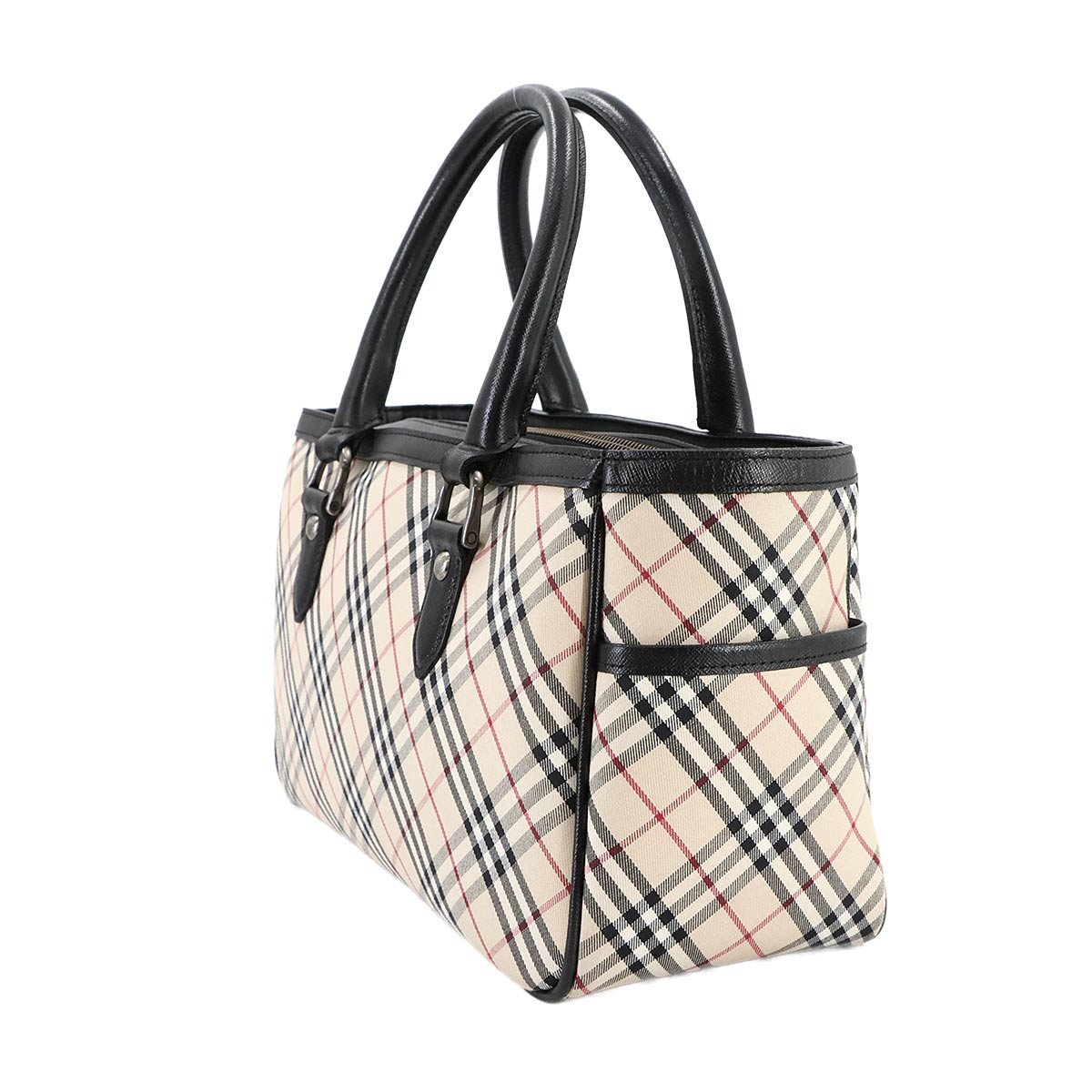 Plaid Hand Bag Canvas Leather Beige Black Purse