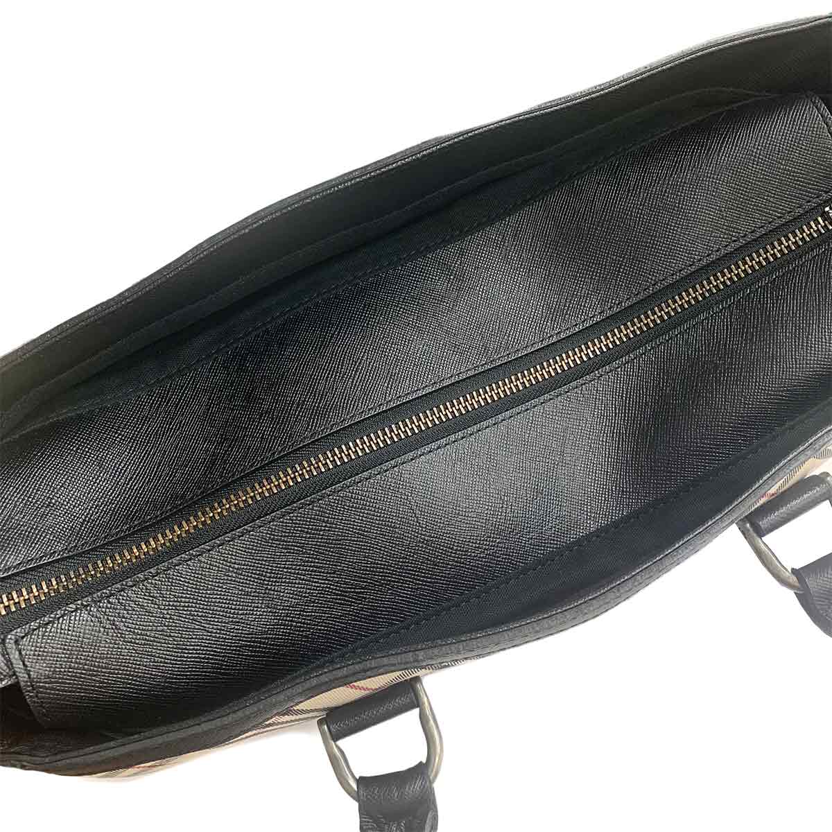 Plaid Hand Bag Canvas Leather Beige Black Purse