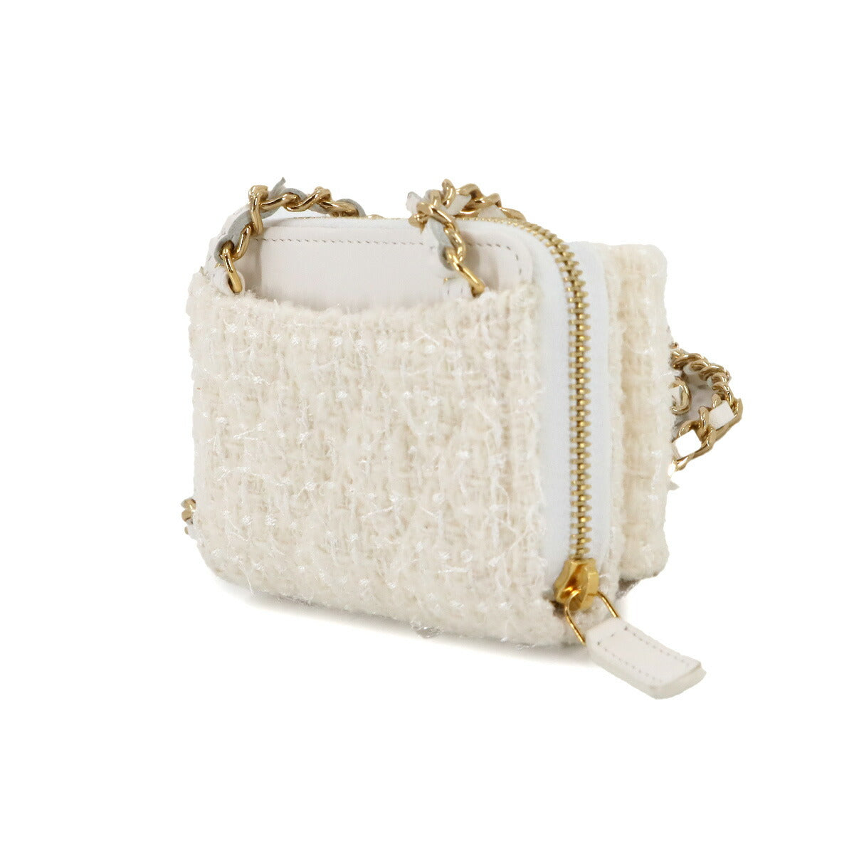 Chain Mini Wallet Coin Case Tweed Leather White