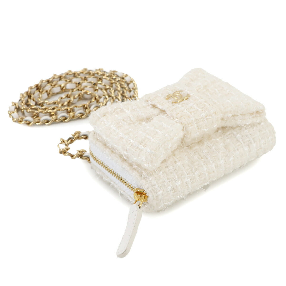 Chain Mini Wallet Coin Case Tweed Leather White