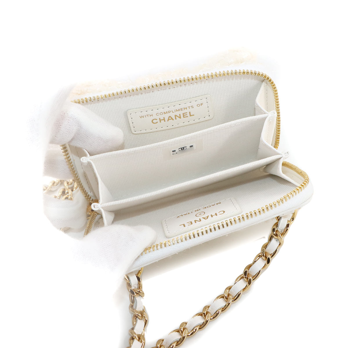 Chain Mini Wallet Coin Case Tweed Leather White