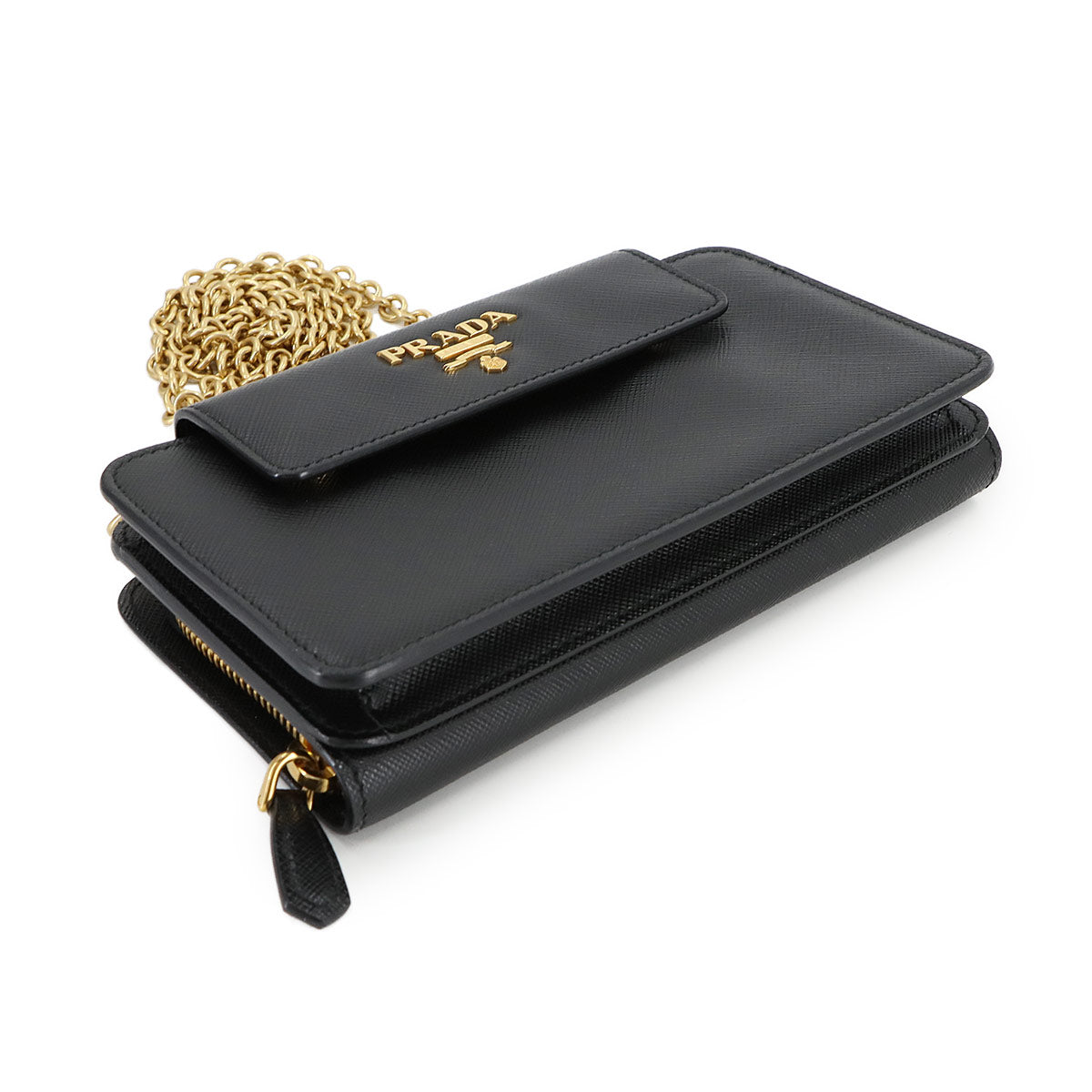 Saffiano Chain Long Wallet Leather Black 1DH048 Purse
