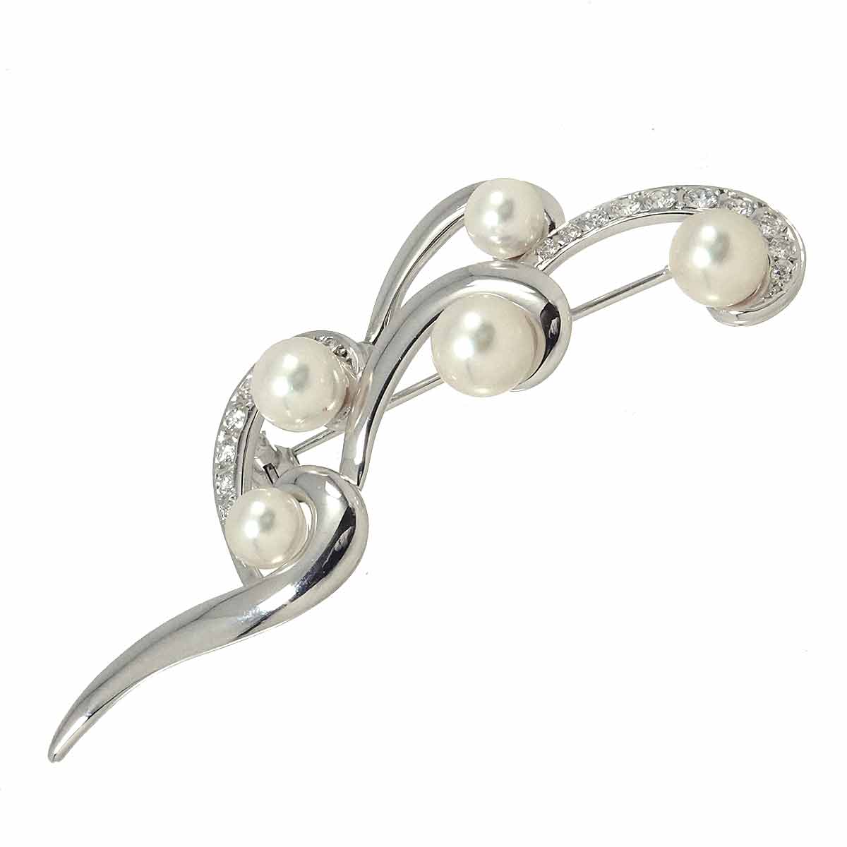 Akoya Pearl 7.0-5.6mm Diamond Brooch 18K White Gold 750